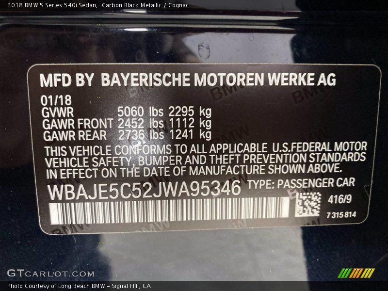 Carbon Black Metallic / Cognac 2018 BMW 5 Series 540i Sedan
