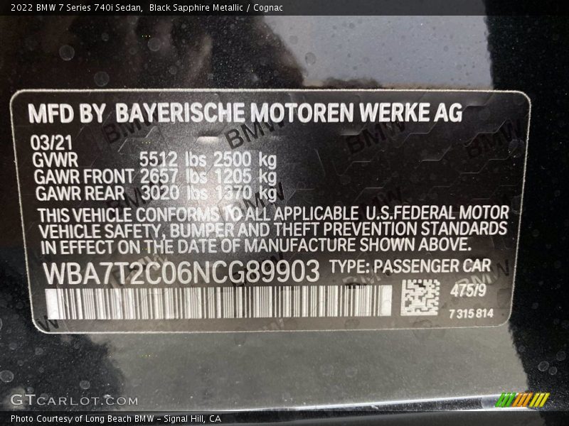 2022 7 Series 740i Sedan Black Sapphire Metallic Color Code 475