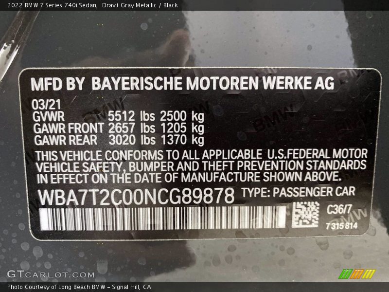 2022 7 Series 740i Sedan Dravit Gray Metallic Color Code C36