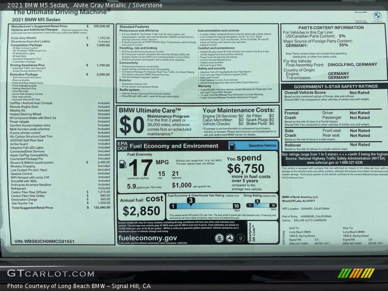  2021 M5 Sedan Window Sticker