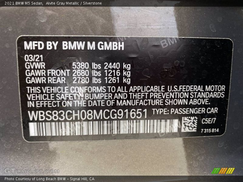2021 M5 Sedan Alvite Gray Metallic Color Code C5E