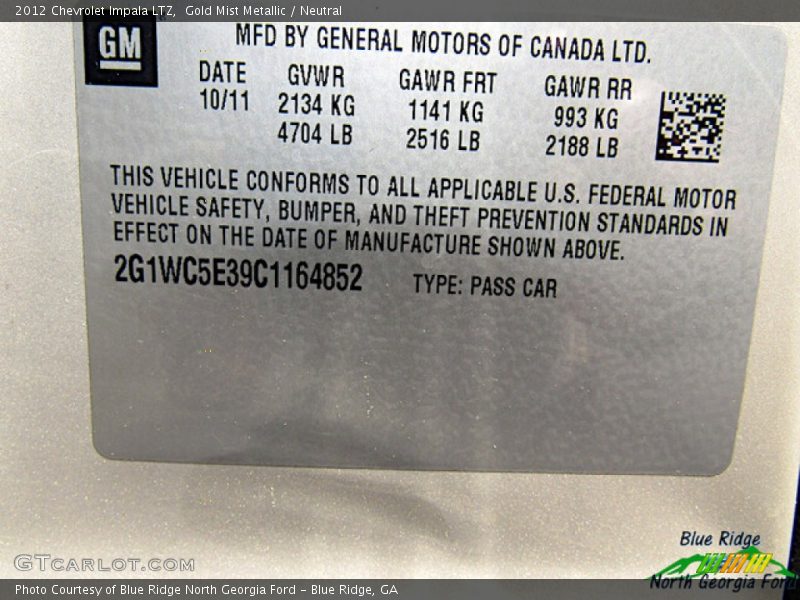 Gold Mist Metallic / Neutral 2012 Chevrolet Impala LTZ