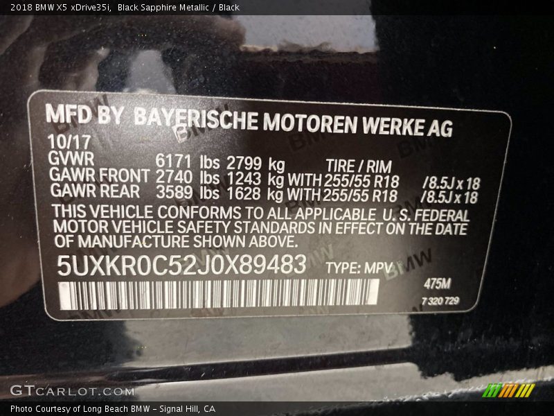 Black Sapphire Metallic / Black 2018 BMW X5 xDrive35i