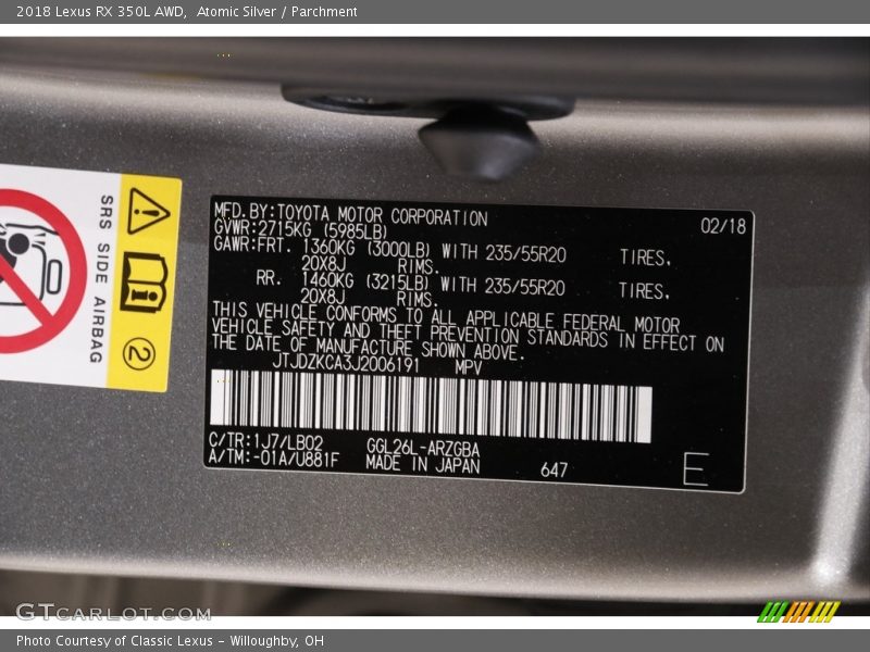 Atomic Silver / Parchment 2018 Lexus RX 350L AWD