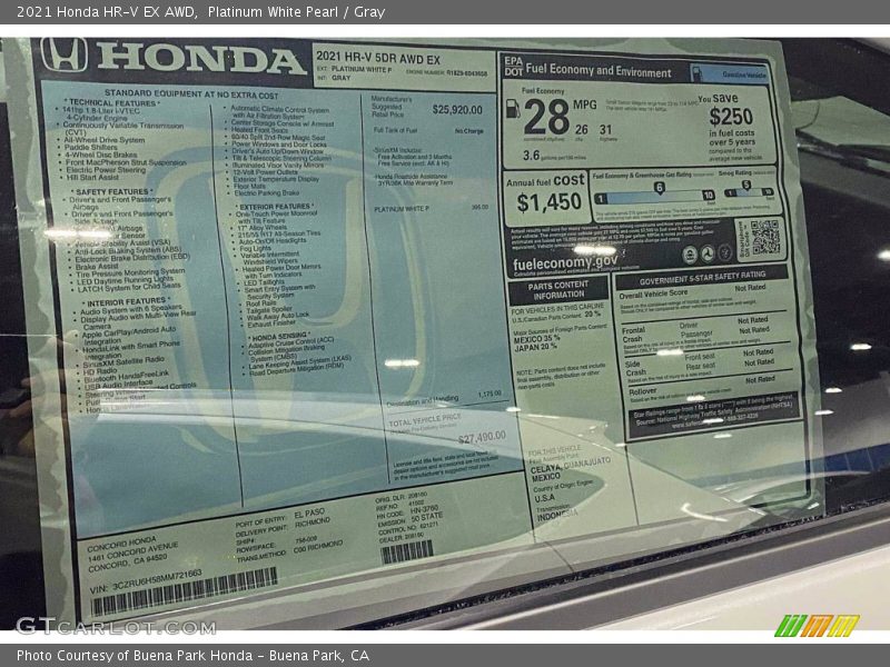 Platinum White Pearl / Gray 2021 Honda HR-V EX AWD