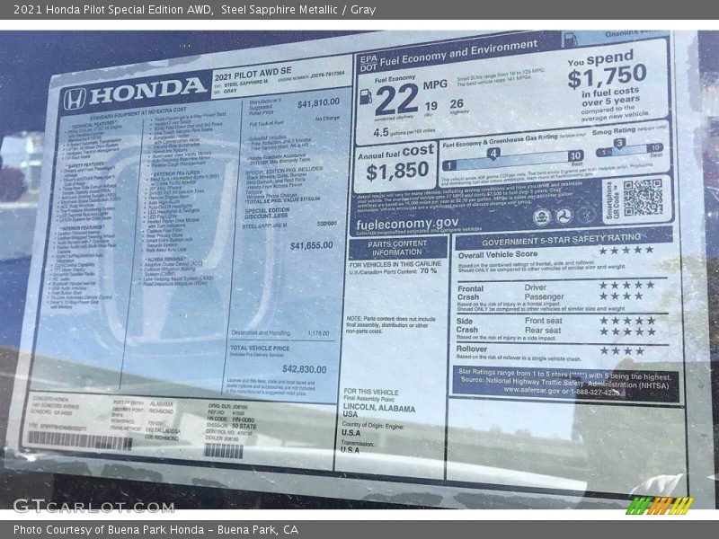 Steel Sapphire Metallic / Gray 2021 Honda Pilot Special Edition AWD