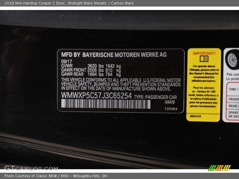 Midnight Black Metallic / Carbon Black 2018 Mini Hardtop Cooper 2 Door