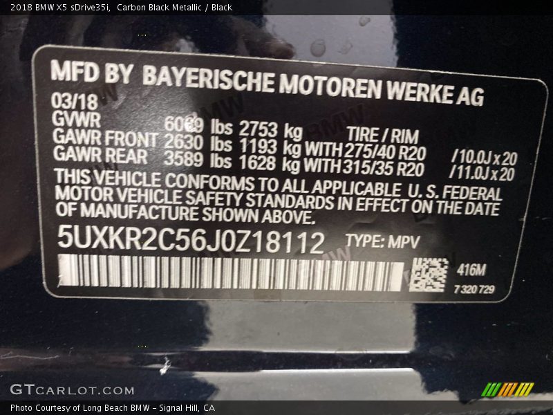 2018 X5 sDrive35i Carbon Black Metallic Color Code 416