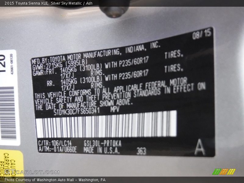 Silver Sky Metallic / Ash 2015 Toyota Sienna XLE