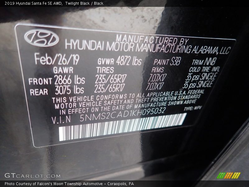 Twilight Black / Black 2019 Hyundai Santa Fe SE AWD