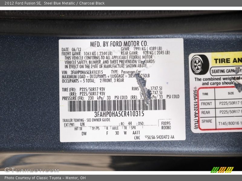 Steel Blue Metallic / Charcoal Black 2012 Ford Fusion SE