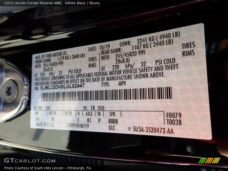 Infinite Black / Ebony 2020 Lincoln Corsair Reserve AWD