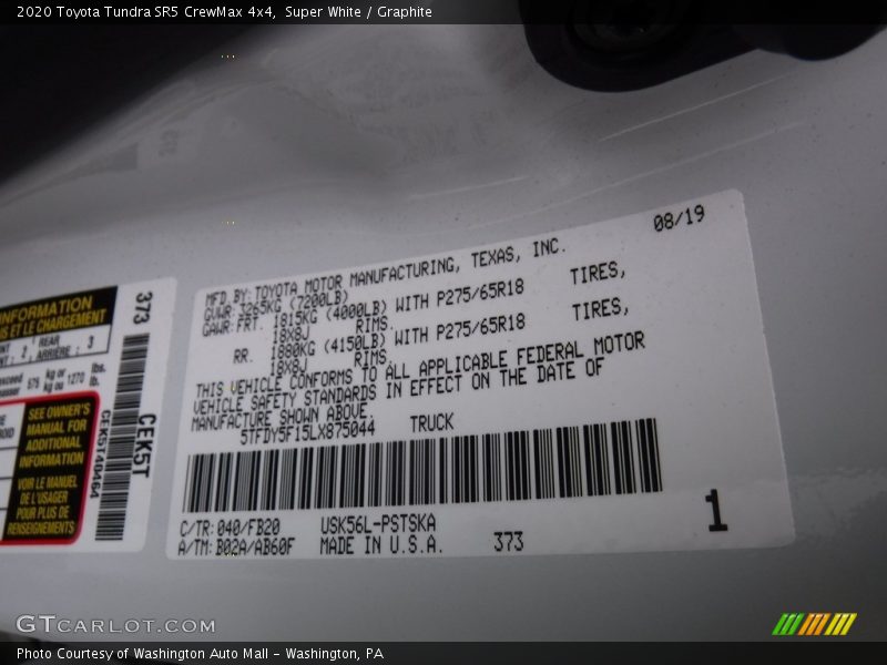 Super White / Graphite 2020 Toyota Tundra SR5 CrewMax 4x4