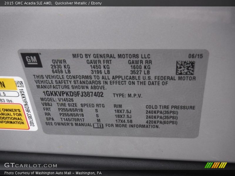 Quicksilver Metallic / Ebony 2015 GMC Acadia SLE AWD