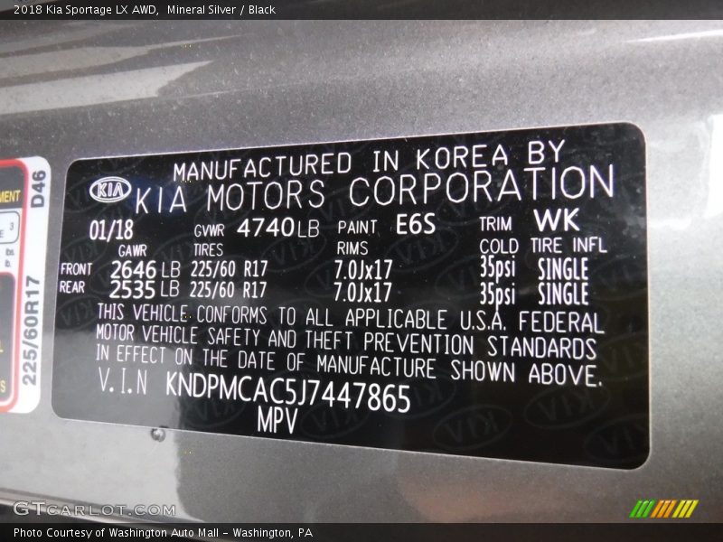 Mineral Silver / Black 2018 Kia Sportage LX AWD