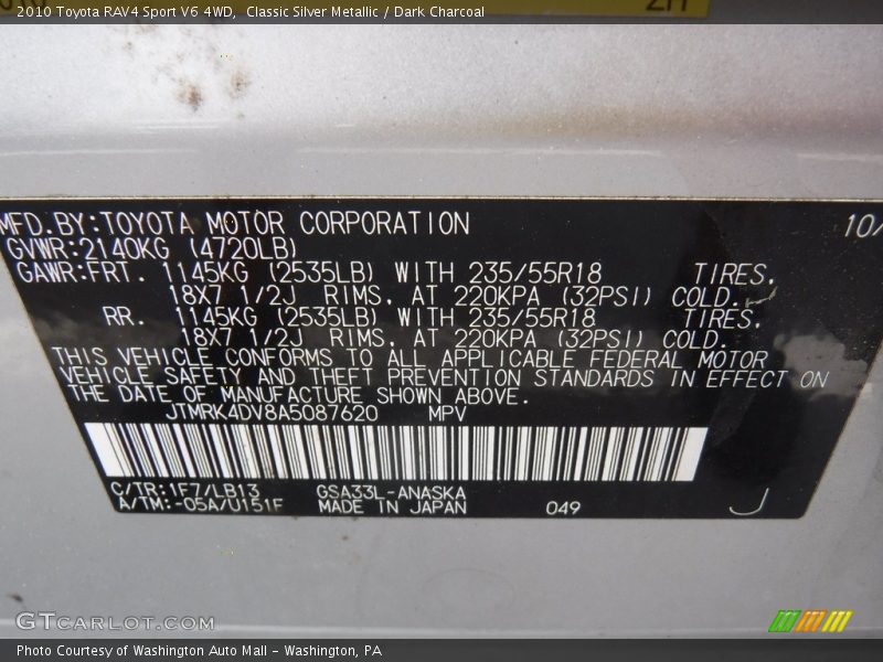Classic Silver Metallic / Dark Charcoal 2010 Toyota RAV4 Sport V6 4WD