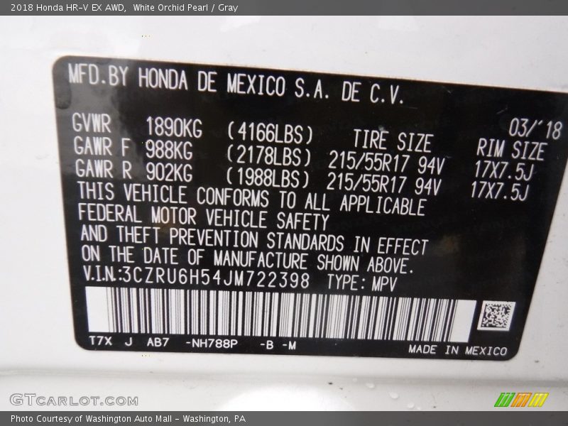 White Orchid Pearl / Gray 2018 Honda HR-V EX AWD