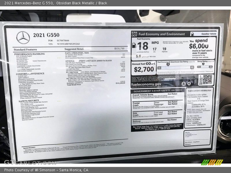  2021 G 550 Window Sticker