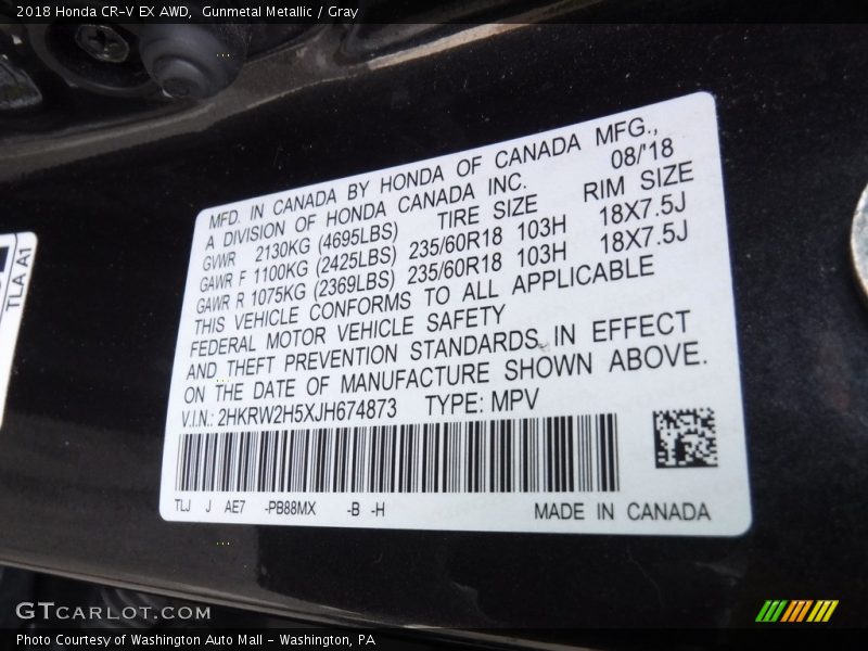 Gunmetal Metallic / Gray 2018 Honda CR-V EX AWD