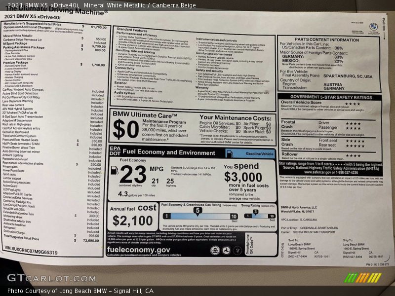  2021 X5 xDrive40i Window Sticker