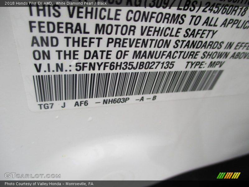 White Diamond Pearl / Black 2018 Honda Pilot EX AWD