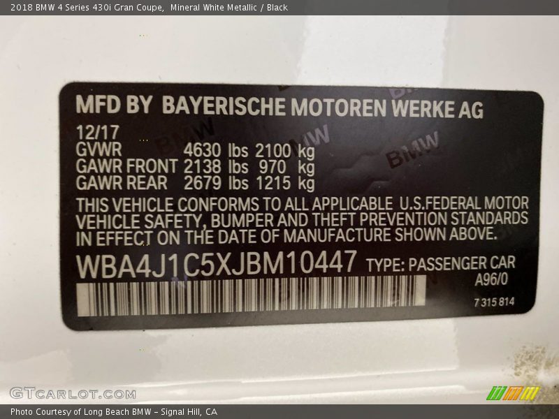 Mineral White Metallic / Black 2018 BMW 4 Series 430i Gran Coupe