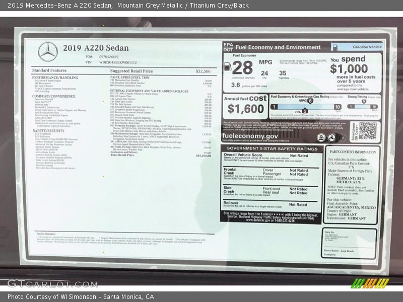  2019 A 220 Sedan Window Sticker