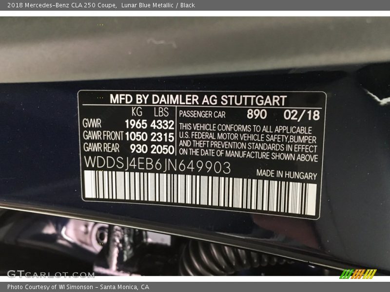 Lunar Blue Metallic / Black 2018 Mercedes-Benz CLA 250 Coupe