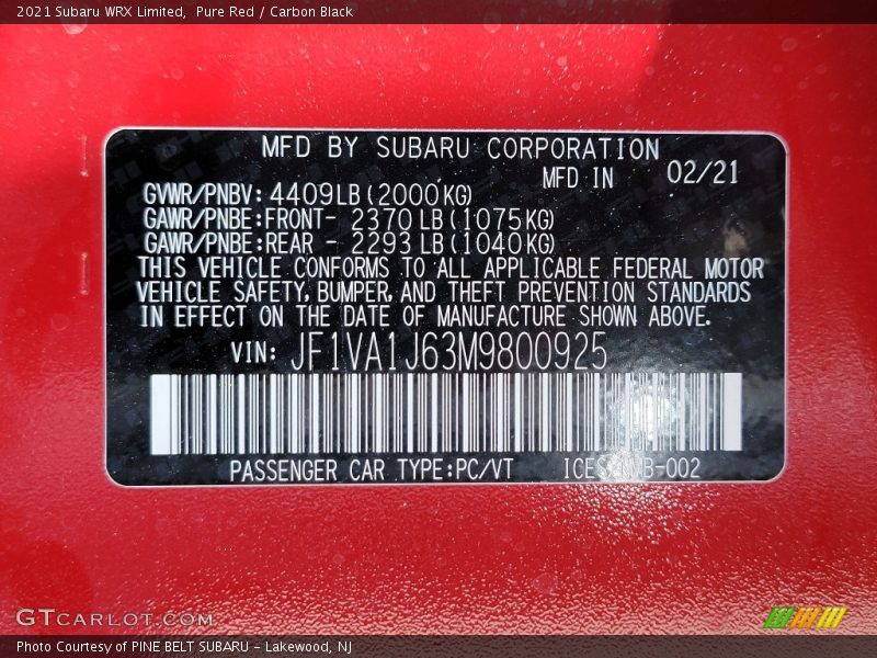 Pure Red / Carbon Black 2021 Subaru WRX Limited