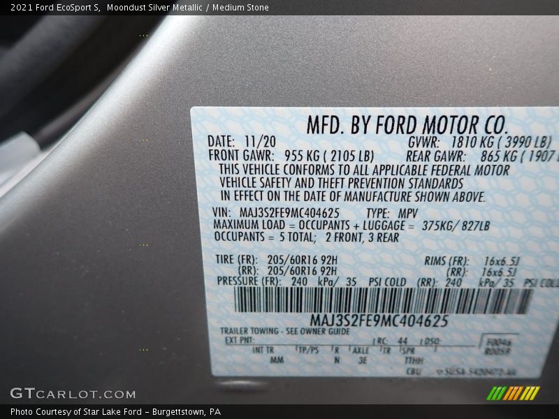 Moondust Silver Metallic / Medium Stone 2021 Ford EcoSport S