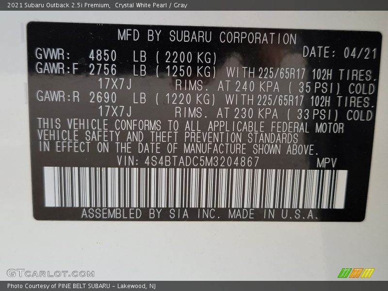 Crystal White Pearl / Gray 2021 Subaru Outback 2.5i Premium