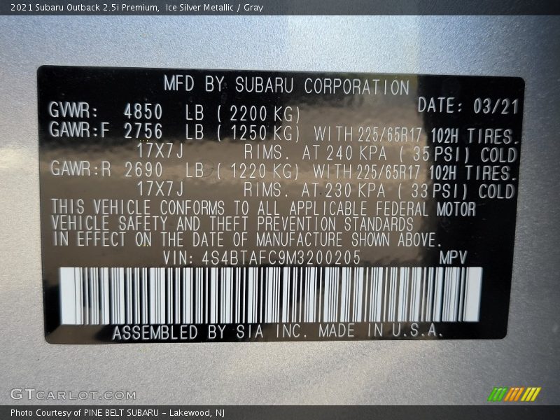 Ice Silver Metallic / Gray 2021 Subaru Outback 2.5i Premium