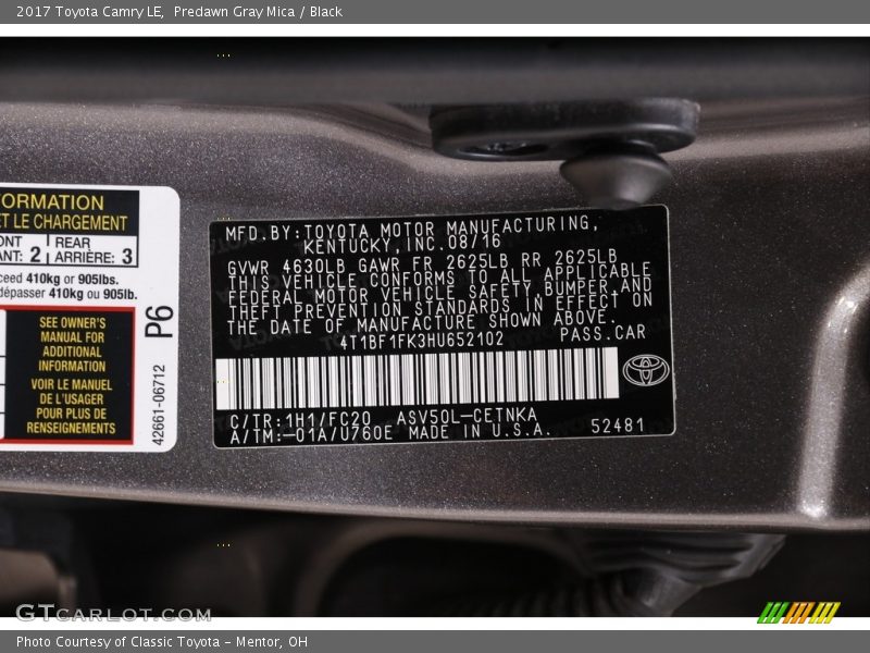 Predawn Gray Mica / Black 2017 Toyota Camry LE