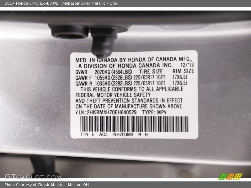 Alabaster Silver Metallic / Gray 2014 Honda CR-V EX-L AWD