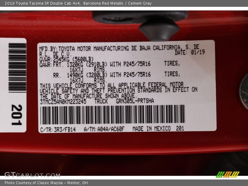 Barcelona Red Metallic / Cement Gray 2019 Toyota Tacoma SR Double Cab 4x4