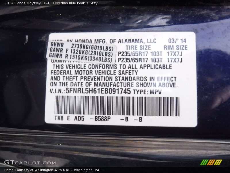 Obsidian Blue Pearl / Gray 2014 Honda Odyssey EX-L