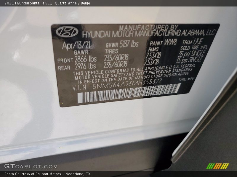 Quartz White / Beige 2021 Hyundai Santa Fe SEL