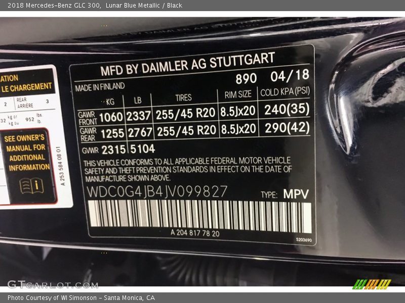 2018 GLC 300 Lunar Blue Metallic Color Code 890