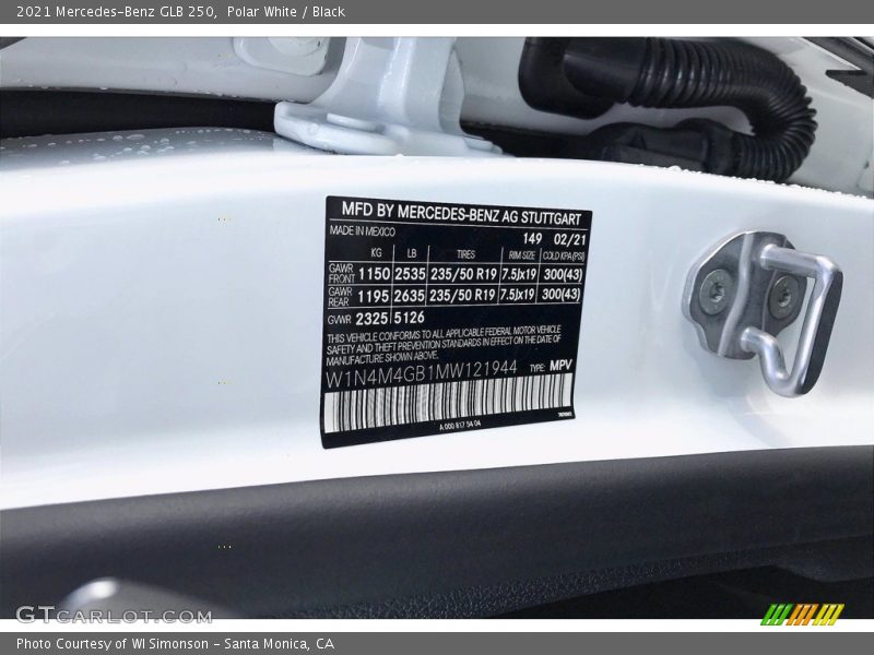 2021 GLB 250 Polar White Color Code 149