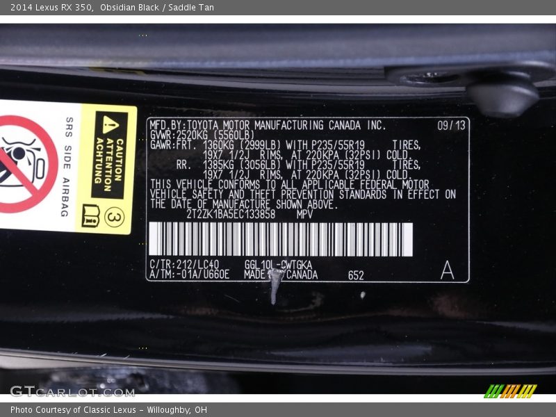 2014 RX 350 Obsidian Black Color Code 212