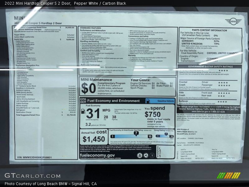  2022 Hardtop Cooper S 2 Door Window Sticker