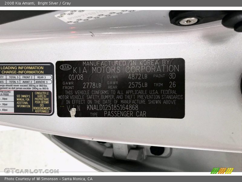 Bright Silver / Gray 2008 Kia Amanti