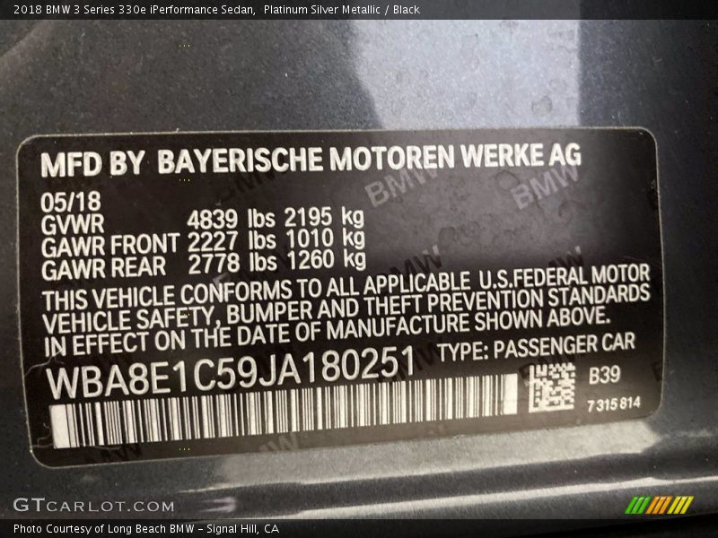 Platinum Silver Metallic / Black 2018 BMW 3 Series 330e iPerformance Sedan