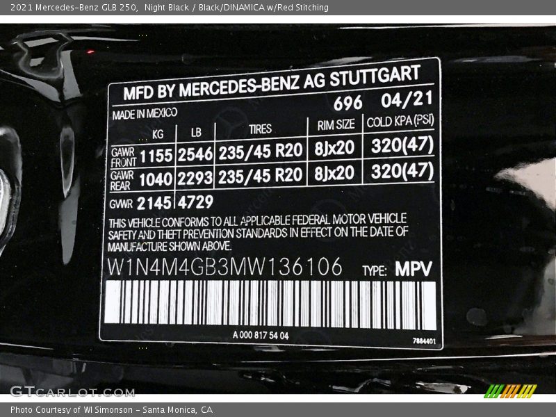 Night Black / Black/DINAMICA w/Red Stitching 2021 Mercedes-Benz GLB 250