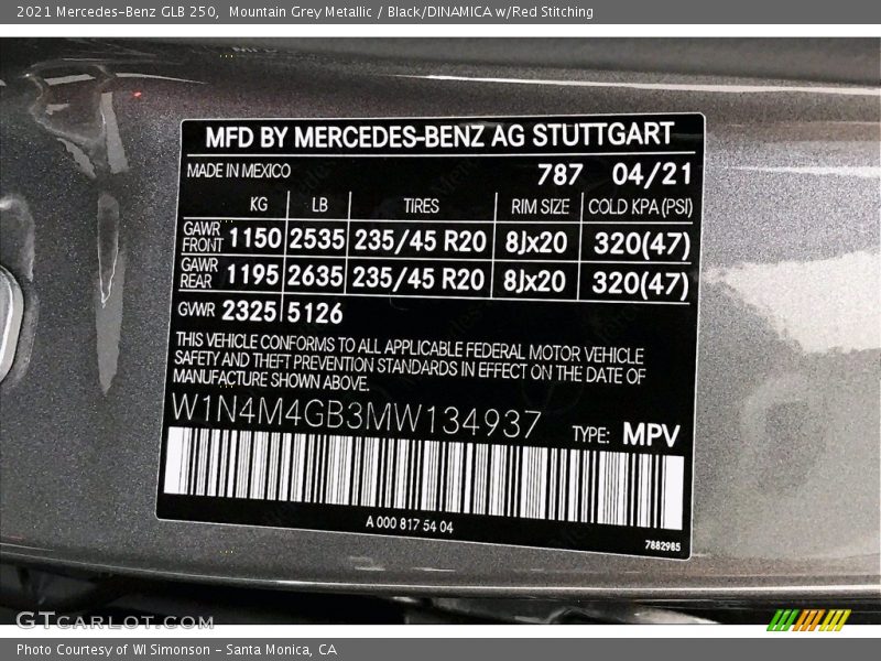 Mountain Grey Metallic / Black/DINAMICA w/Red Stitching 2021 Mercedes-Benz GLB 250
