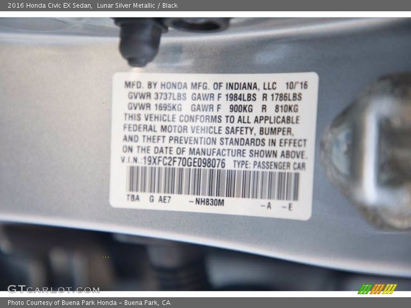 Lunar Silver Metallic / Black 2016 Honda Civic EX Sedan