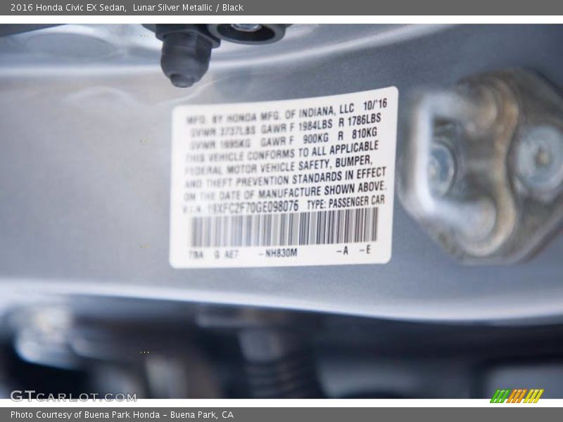 Lunar Silver Metallic / Black 2016 Honda Civic EX Sedan