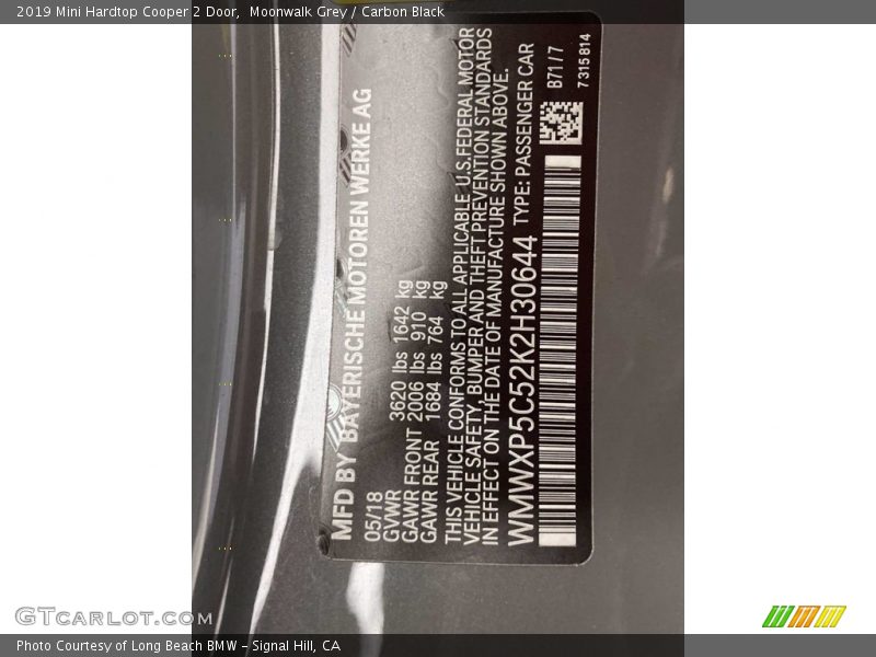 2019 Hardtop Cooper 2 Door Moonwalk Grey Color Code B71