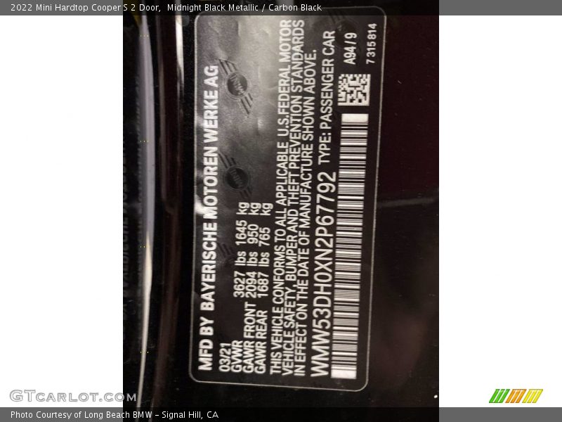 2022 Hardtop Cooper S 2 Door Midnight Black Metallic Color Code A94