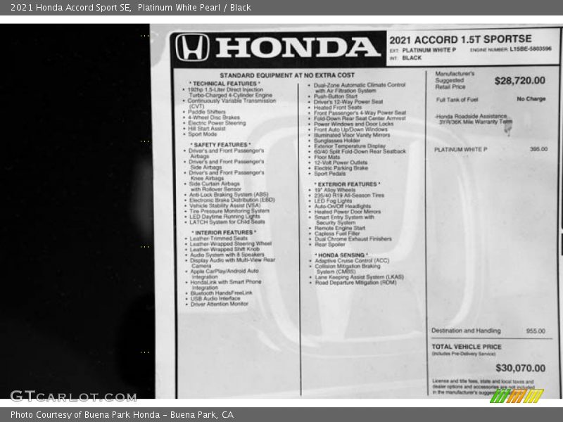 Platinum White Pearl / Black 2021 Honda Accord Sport SE